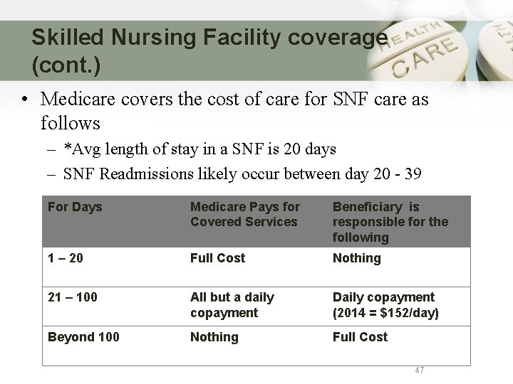 Skilled Nursing Facility coverage (cont. ) • Medicare covers the cost of care for