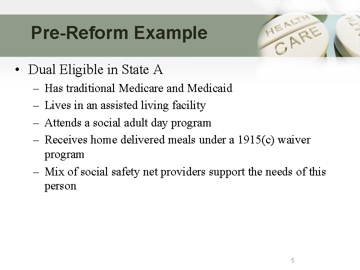 Pre-Reform Example • Dual Eligible in State A – – Has traditional Medicare and