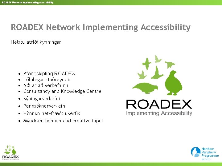 ROADEX Network Implementing Accessibility Helstu atriði kynningar • • Áfangskipting ROADEX Tölulegar staðreyndir Aðilar