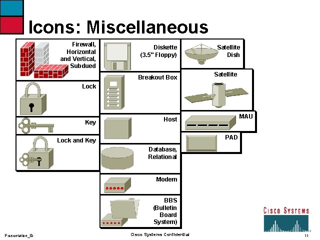 Icons: Miscellaneous Firewall, Horizontal and Vertical, Subdued Diskette (3. 5" Floppy) Breakout Box Satellite
