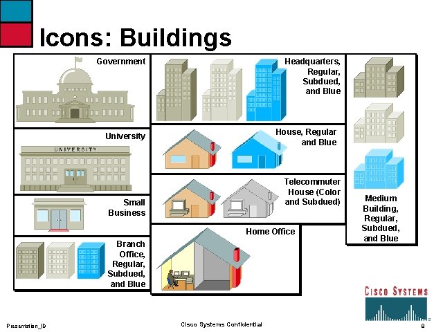 Icons: Buildings Government Headquarters, Regular, Subdued, and Blue House, Regular and Blue University Telecommuter