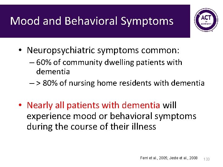 Mood and Behavioral Symptoms • Neuropsychiatric symptoms common: – 60% of community dwelling patients