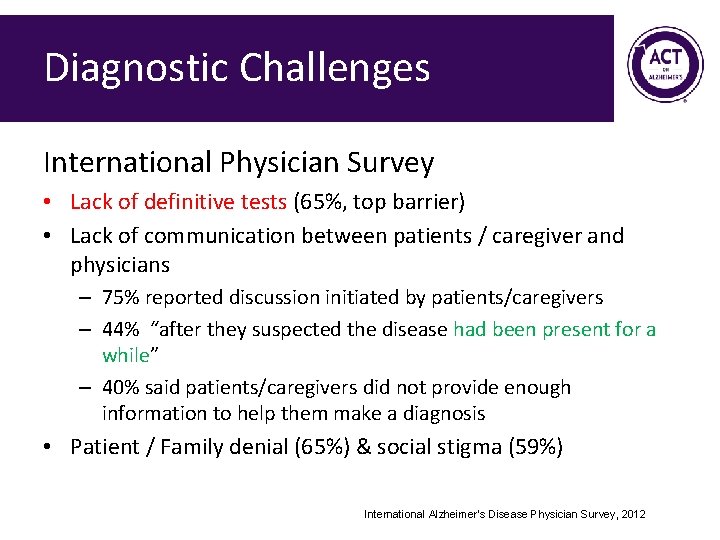 Diagnostic Challenges International Physician Survey • Lack of definitive tests (65%, top barrier) •