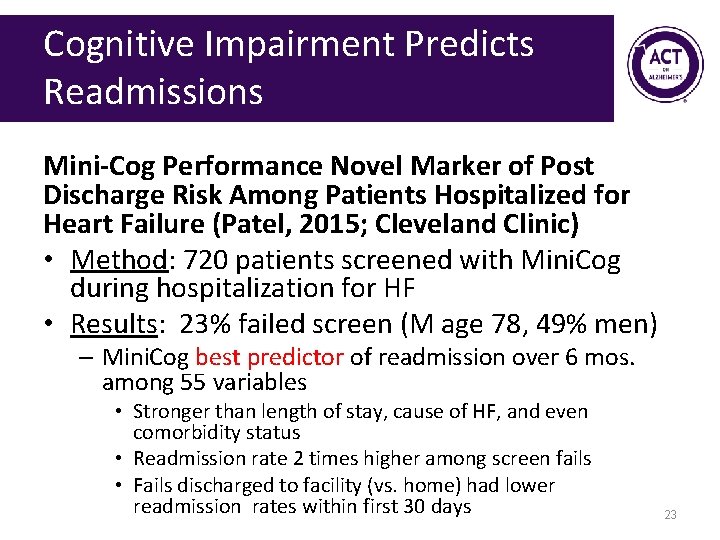 Cognitive Impairment Predicts Readmissions Mini-Cog Performance Novel Marker of Post Discharge Risk Among Patients