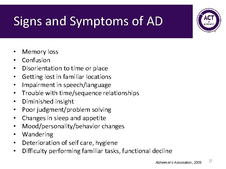 Signs and Symptoms of AD • • • • Memory loss Confusion Disorientation to