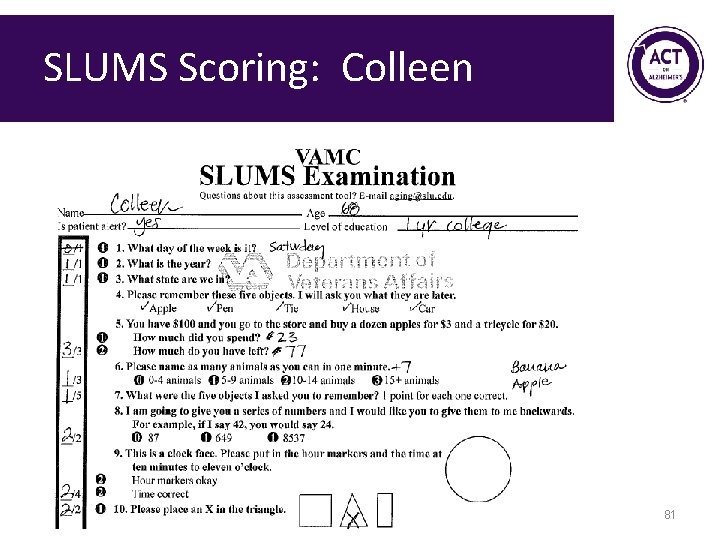 SLUMS Scoring: Colleen 81 SLUMS Scoring: Colleen 81