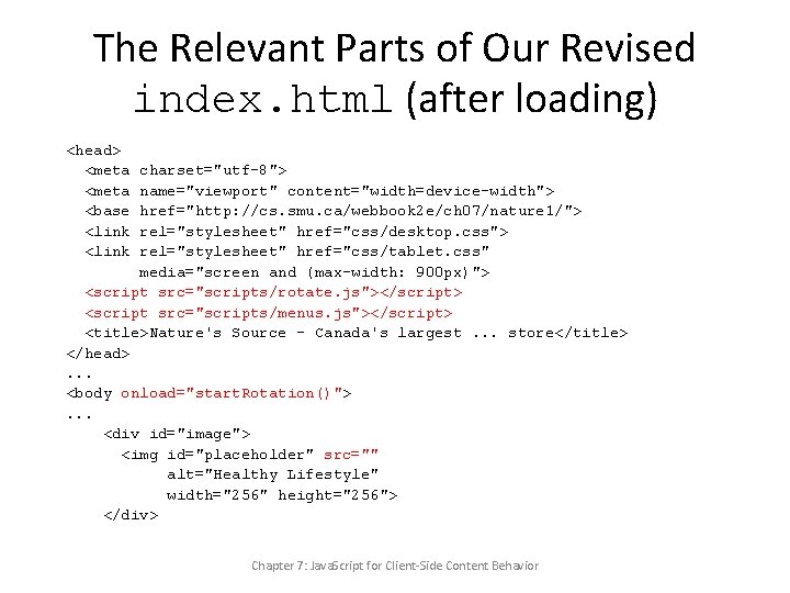 The Relevant Parts of Our Revised index. html (after loading) <head> <meta <base <link