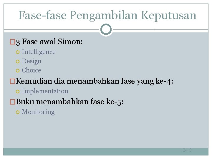 Fase-fase Pengambilan Keputusan � 3 Fase awal Simon: Intelligence Design Choice �Kemudian dia menambahkan