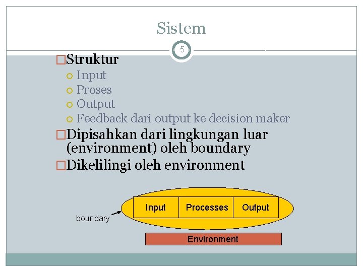 Sistem 5 �Struktur Input Proses Output Feedback dari output ke decision maker �Dipisahkan dari