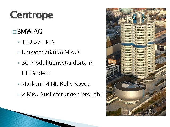 Centrope � BMW AG ◦ 110. 351 MA ◦ Umsatz: 76. 058 Mio. €