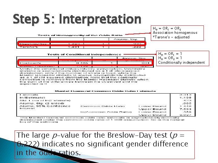 Step 5: Interpretation HO = OR 1 = OR 2 Association homogenous *Tarone’s -