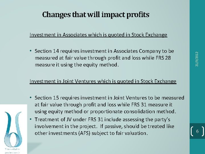 Changes that will impact profits • Section 14 requires investment in Associates Company to