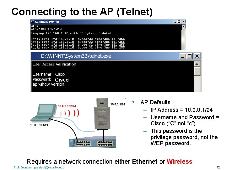 Connecting to the AP (Telnet) Cisco • AP Defaults – IP Address = 10.