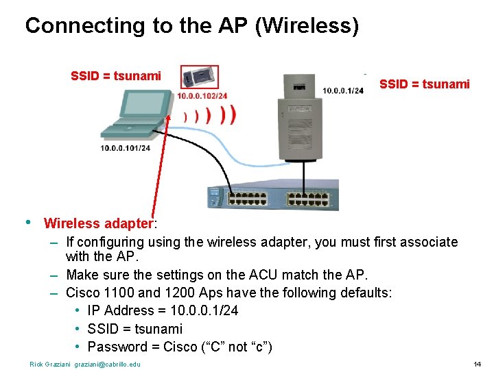 Connecting to the AP (Wireless) SSID = tsunami • SSID = tsunami Wireless adapter: