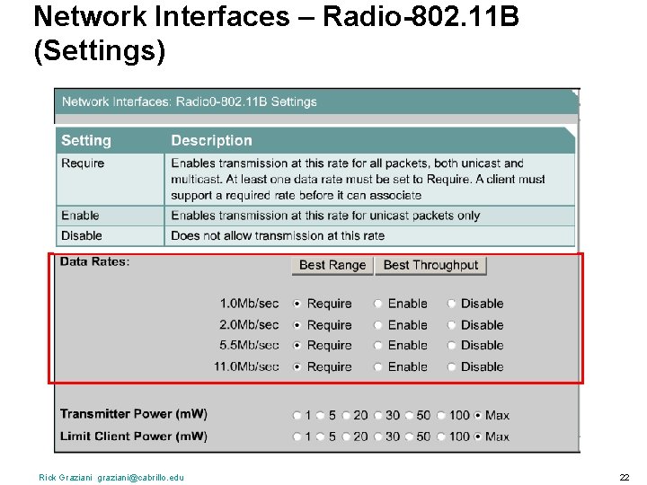 Network Interfaces – Radio-802. 11 B (Settings) Rick Graziani graziani@cabrillo. edu 22 