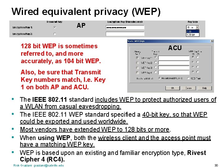 Wired equivalent privacy (WEP) AP 128 bit WEP is sometimes referred to, and more