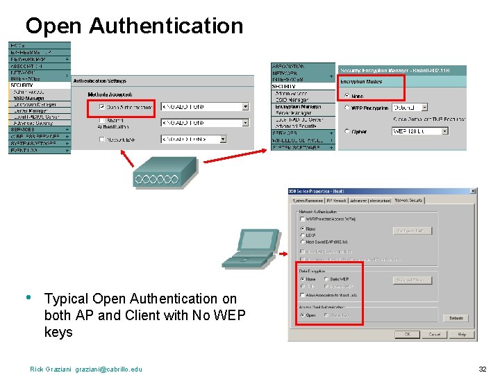 Open Authentication • Typical Open Authentication on both AP and Client with No WEP