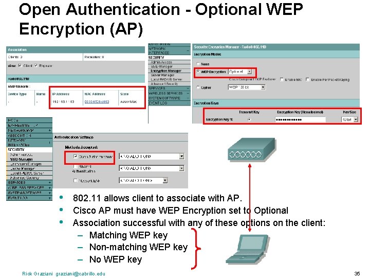 Open Authentication - Optional WEP Encryption (AP) • • • 802. 11 allows client