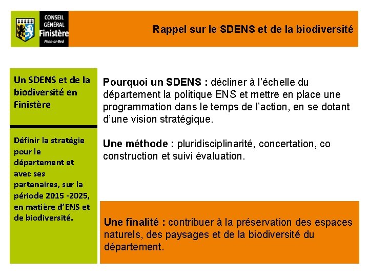 Rappel sur le SDENS et de la biodiversité Un SDENS et de la biodiversité