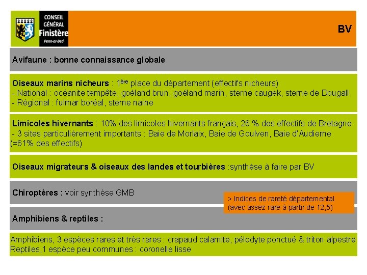 BV Avifaune : bonne connaissance globale Oiseaux marins nicheurs : 1ère place du département