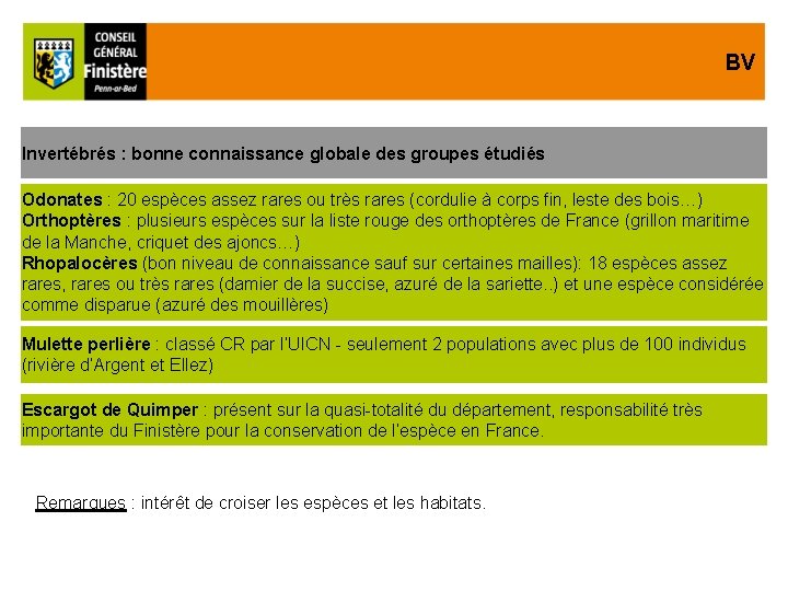 BV Invertébrés : bonne connaissance globale des groupes étudiés Odonates : 20 espèces assez