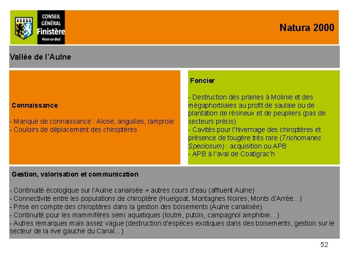 Natura 2000 Vallée de l’Aulne Foncier Connaissance - Manque de connaissance : Alose, anguilles,