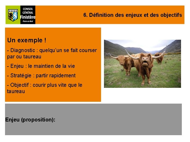 6. Définition des enjeux et des objectifs Un exemple ! - Diagnostic : quelqu’un