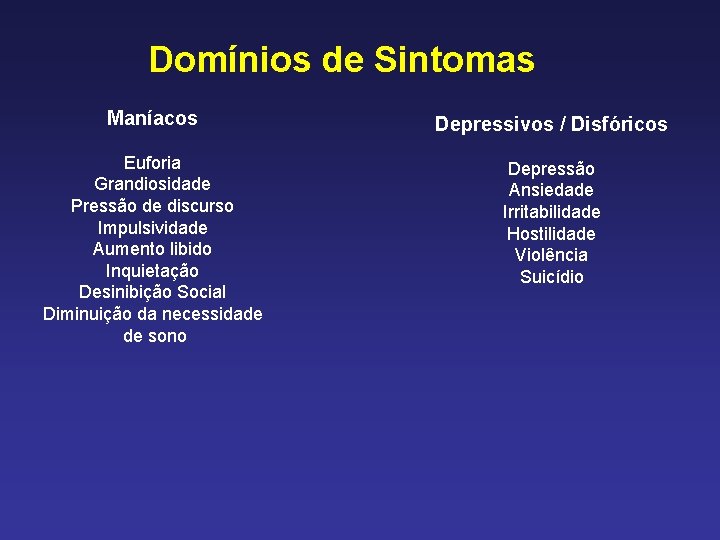 Domínios de Sintomas Maníacos Depressivos / Disfóricos Euforia Grandiosidade Pressão de discurso Impulsividade Aumento