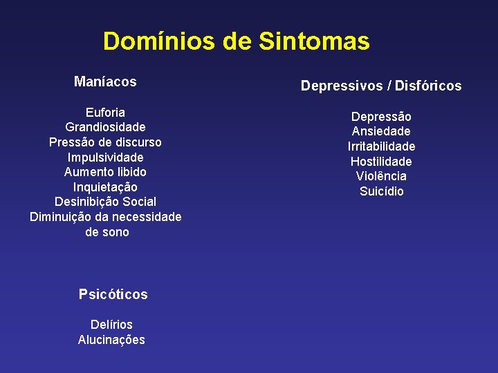 Domínios de Sintomas Maníacos Depressivos / Disfóricos Euforia Grandiosidade Pressão de discurso Impulsividade Aumento