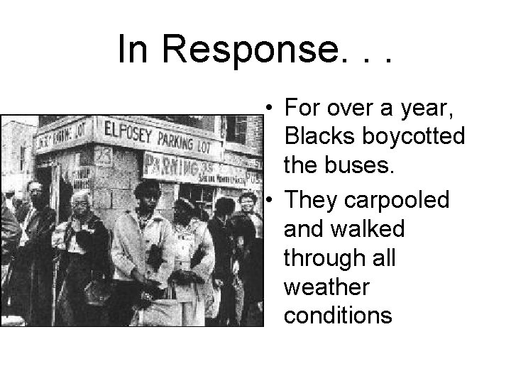 In Response. . . • For over a year, Blacks boycotted the buses. •