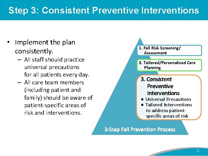 Step 3: Consistent Preventive Interventions • Implement the plan consistently. – All staff should