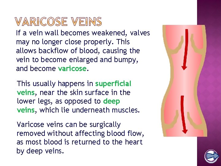 If a vein wall becomes weakened, valves may no longer close properly. This allows