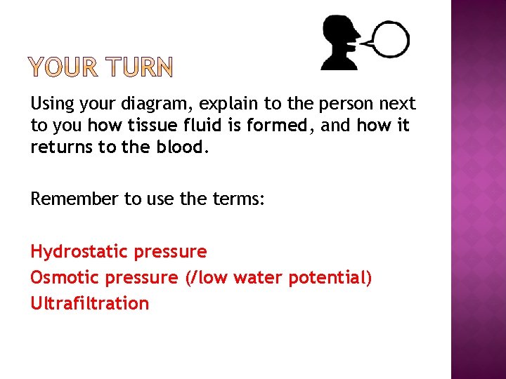 Using your diagram, explain to the person next to you how tissue fluid is