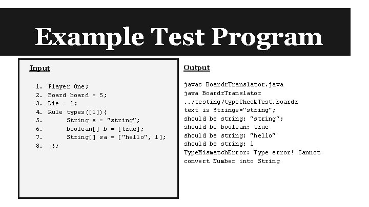 Example Test Program Input 1. 2. 3. 4. 5. 6. 7. 8. Player One;