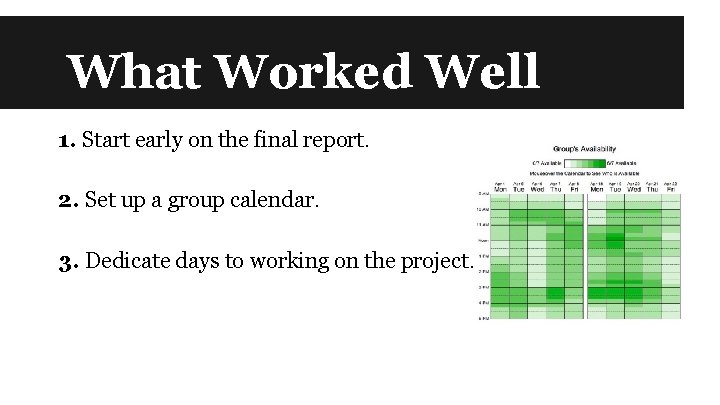 What Worked Well 1. Start early on the final report. 2. Set up a