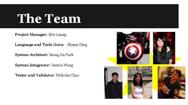 The Team Project Manager: Eric Leung Language and Tools Guru: Shensi Ding System Architect: