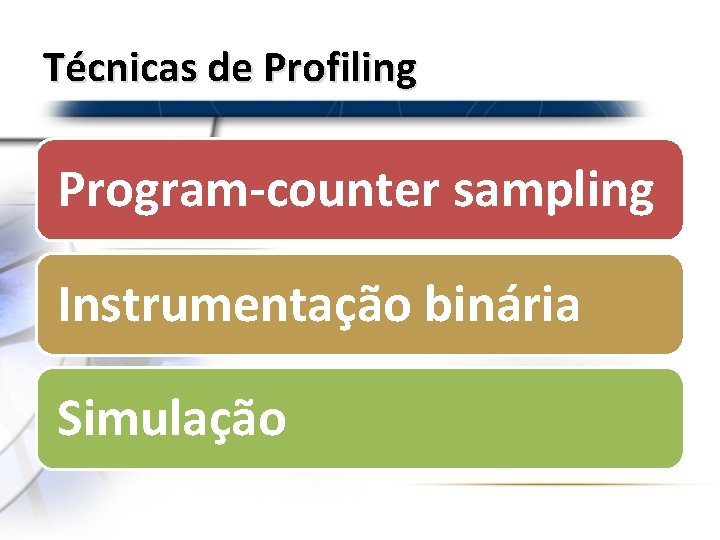 Técnicas de Profiling Program-counter sampling Instrumentação binária Simulação 