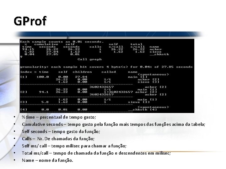 GProf • • %time – percentual de tempo gasto; Cumulative seconds – tempo gasto