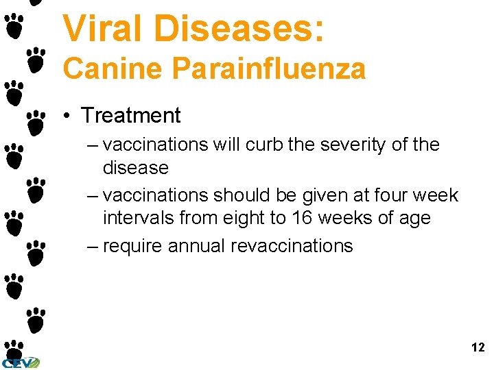 Viral Diseases: Canine Parainfluenza • Treatment – vaccinations will curb the severity of the Viral Diseases: Canine Parainfluenza • Treatment – vaccinations will curb the severity of the