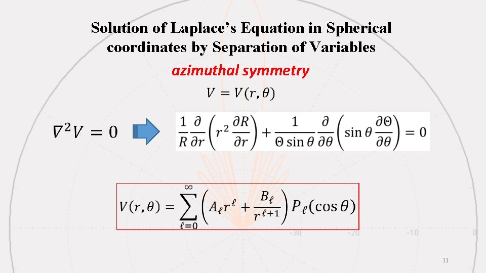 Solution of Laplace’s Equation in Spherical coordinates by Separation of Variables azimuthal symmetry 11 Solution of Laplace’s Equation in Spherical coordinates by Separation of Variables azimuthal symmetry 11