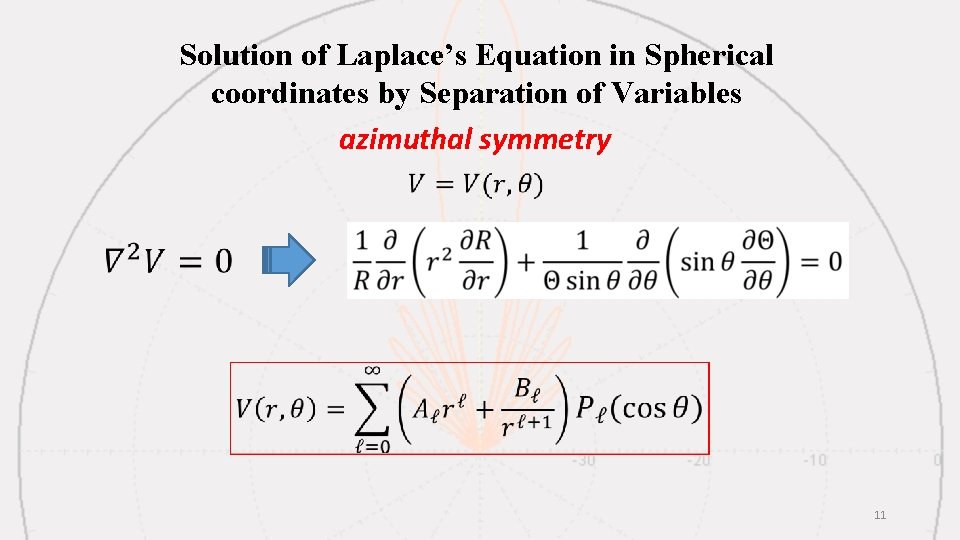 Solution of Laplace’s Equation in Spherical coordinates by Separation of Variables azimuthal symmetry 11