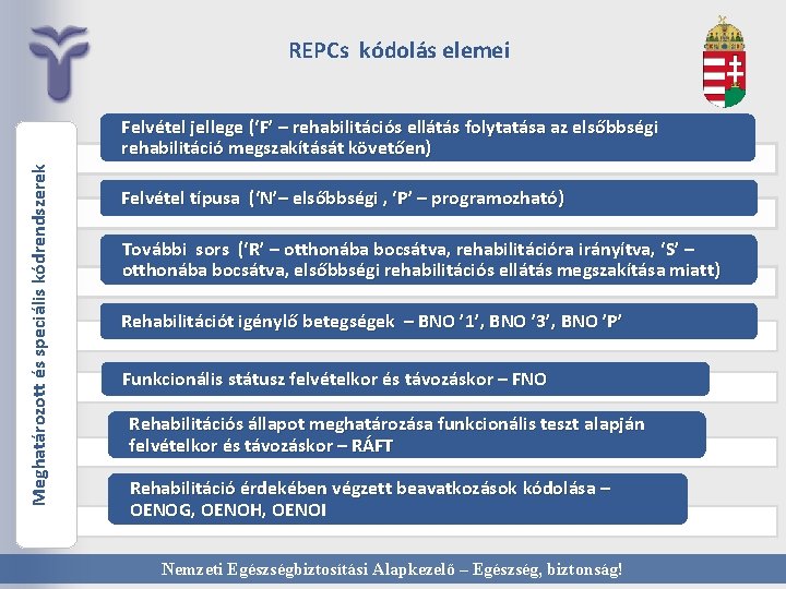 REPCs kódolás elemei Meghatározott és speciális kódrendszerek Felvétel jellege (‘F’ – rehabilitációs ellátás folytatása