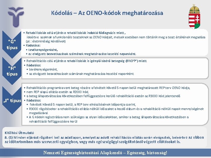 Kódolás – Az OENO-kódok meghatározása "G" típus "H" típus „I" típus • Rehabilitációs célú