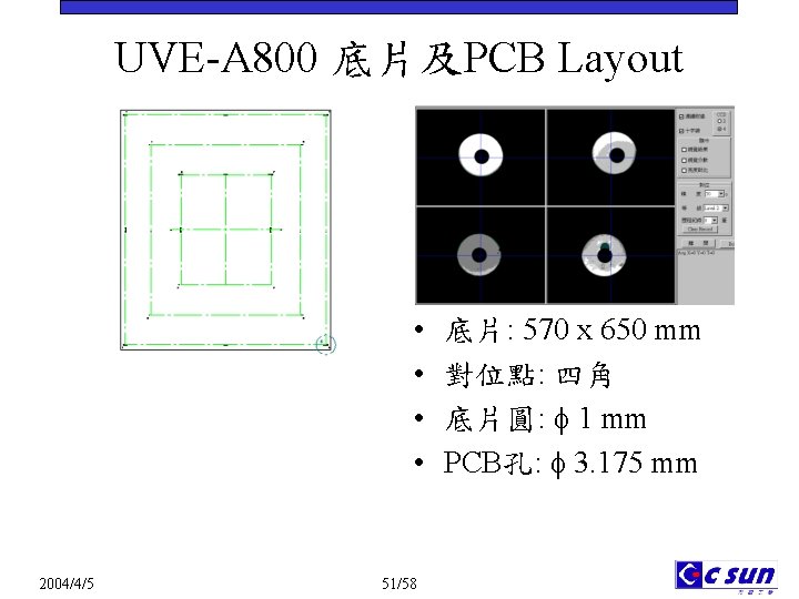 UVE-A 800 底片及PCB Layout • • 2004/4/5 51/58 底片: 570 x 650 mm 對位點: