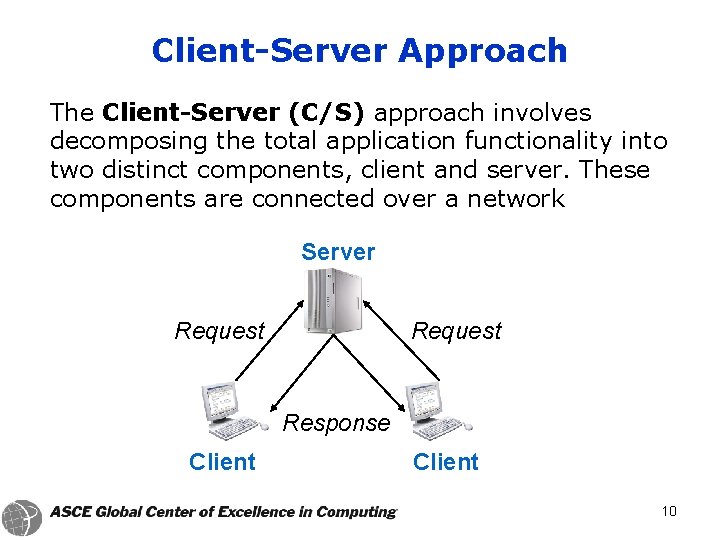 Client-Server Approach The Client-Server (C/S) approach involves decomposing the total application functionality into two