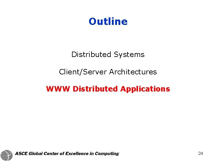 Outline Distributed Systems Client/Server Architectures WWW Distributed Applications 24 