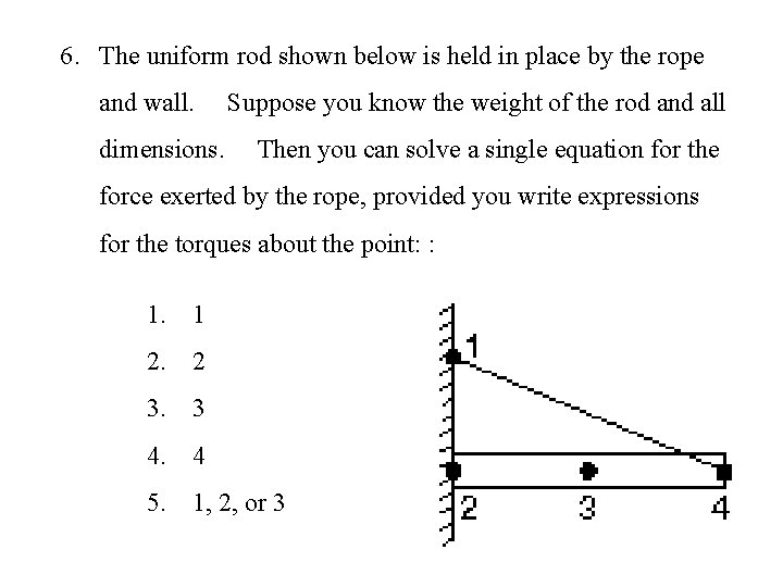 6. The uniform rod shown below is held in place by the rope and
