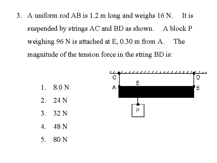 3. A uniform rod AB is 1. 2 m long and weighs 16 N.