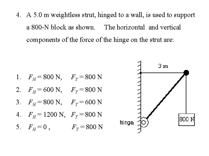 4. A 5. 0 m weightless strut, hinged to a wall, is used to