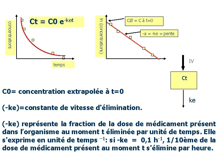 ln (concentrations) concentrations Ct = C 0 e-ket CØ = C à t=0 -a